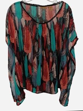 Wrangler Women's Boho Feather Print Blouse Poncho Sheer Top Western Cowgirl Sz M